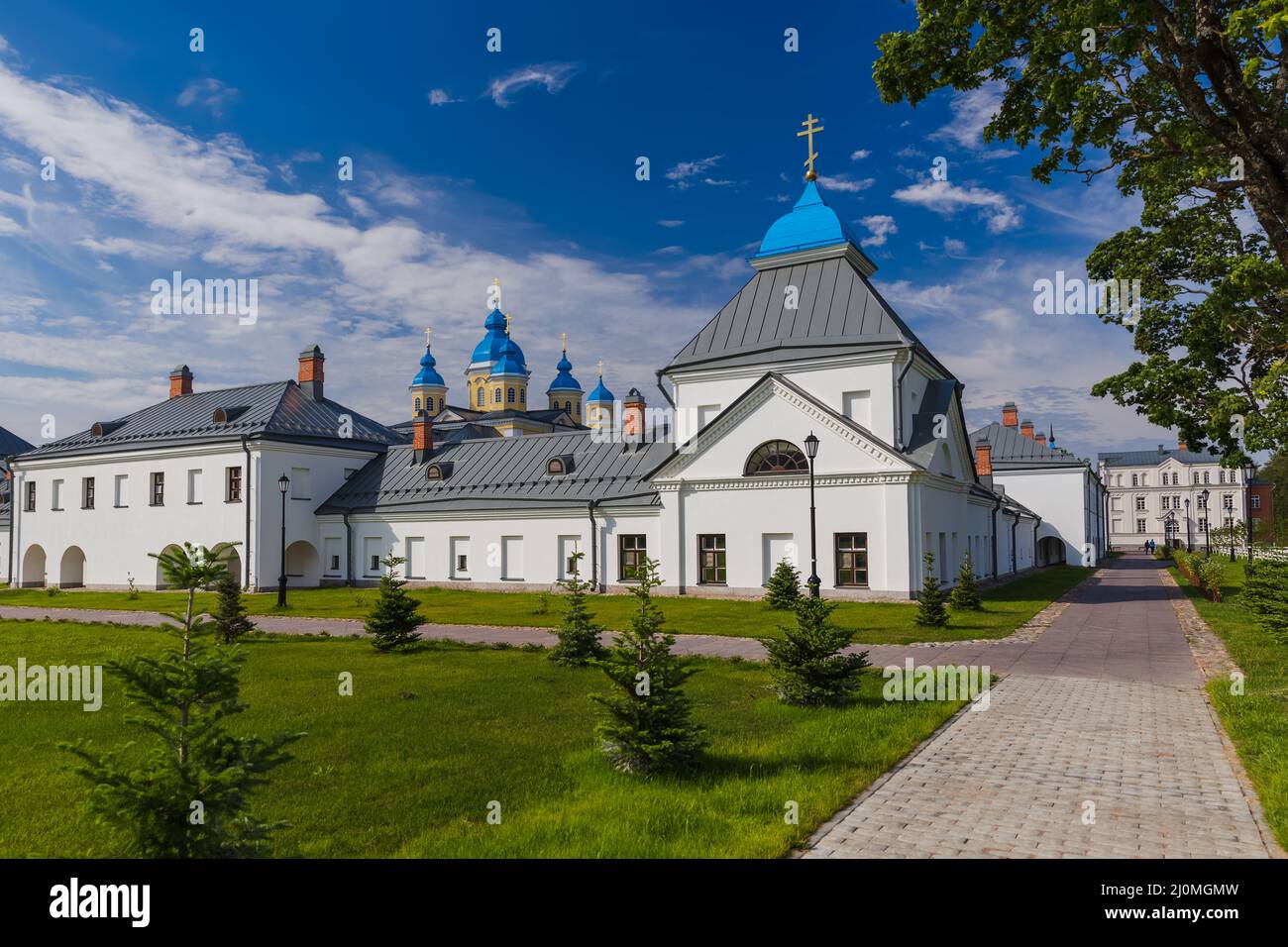 Konevsky Monastery on Konevets Island on Lake Ladoga - Russia Stock Photo