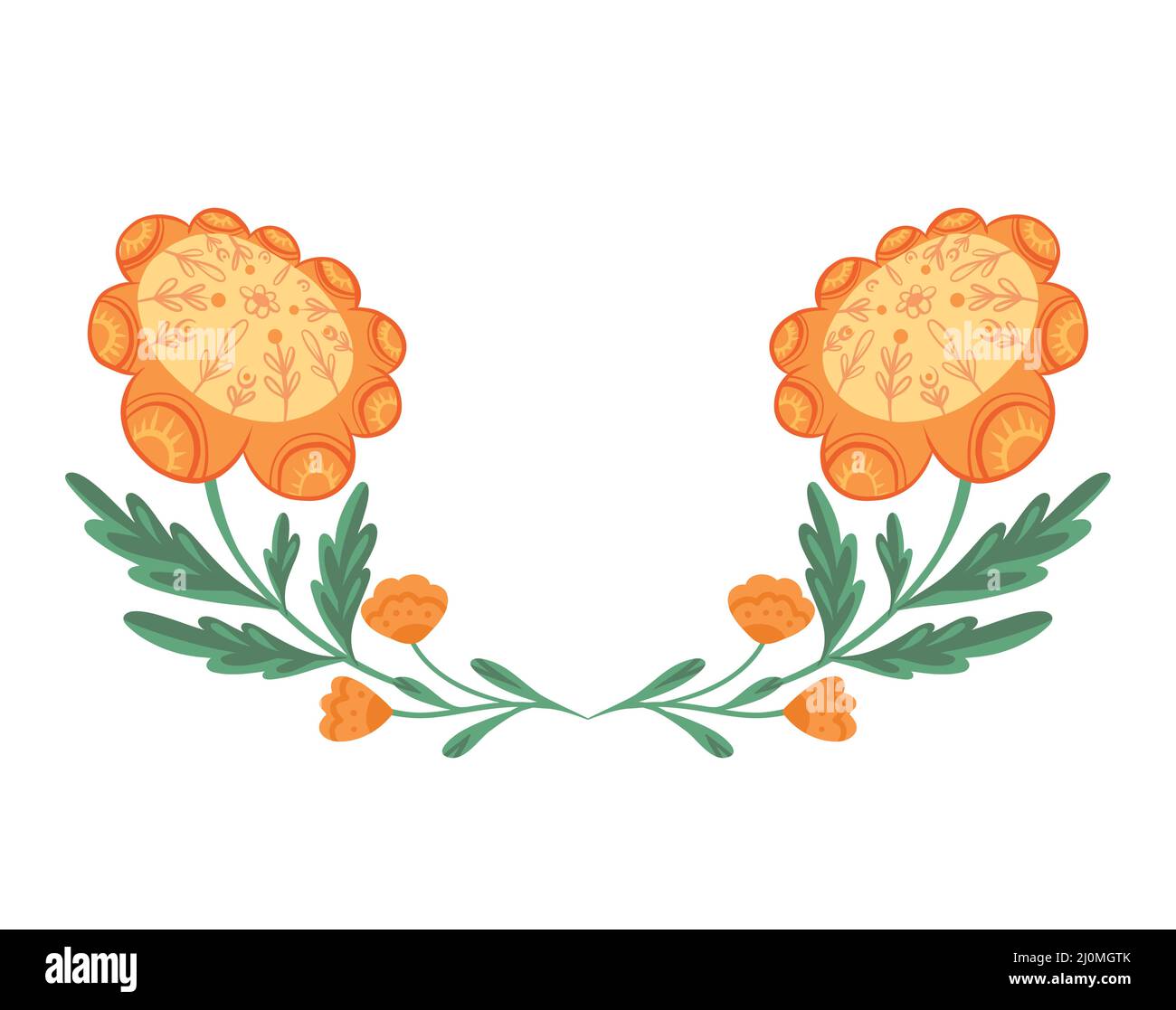 Vector clipart frame with yellow flowers on stems with folk ornaments isolated from background. Template with floral arrangement with naive ornaments. Stock Vector