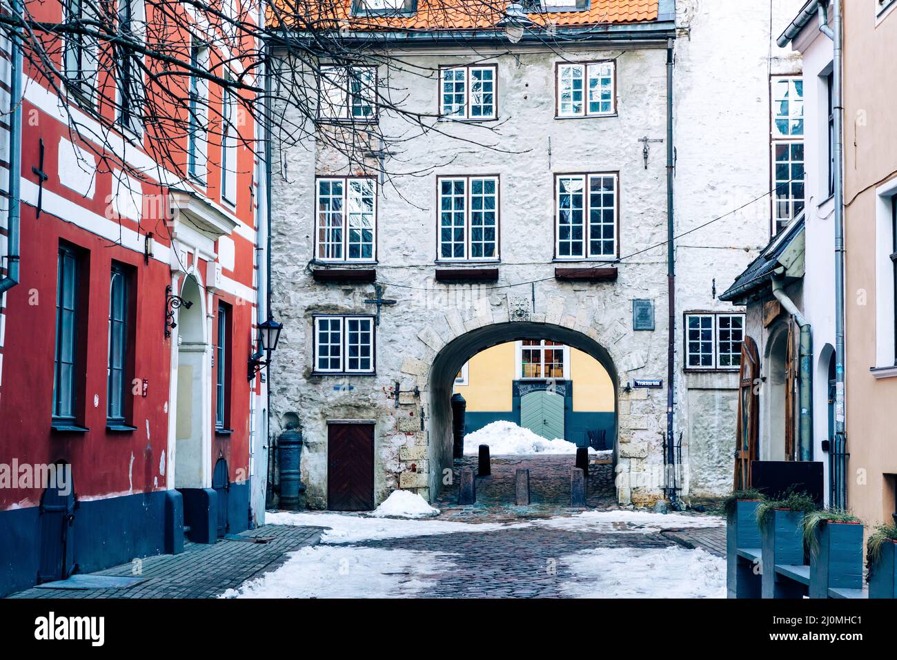 Swedish Gate in the old city of Riga. Medieval Gothic Architecture. Riga the capital of Latvia. Baltic states. Europe. Stock Photo