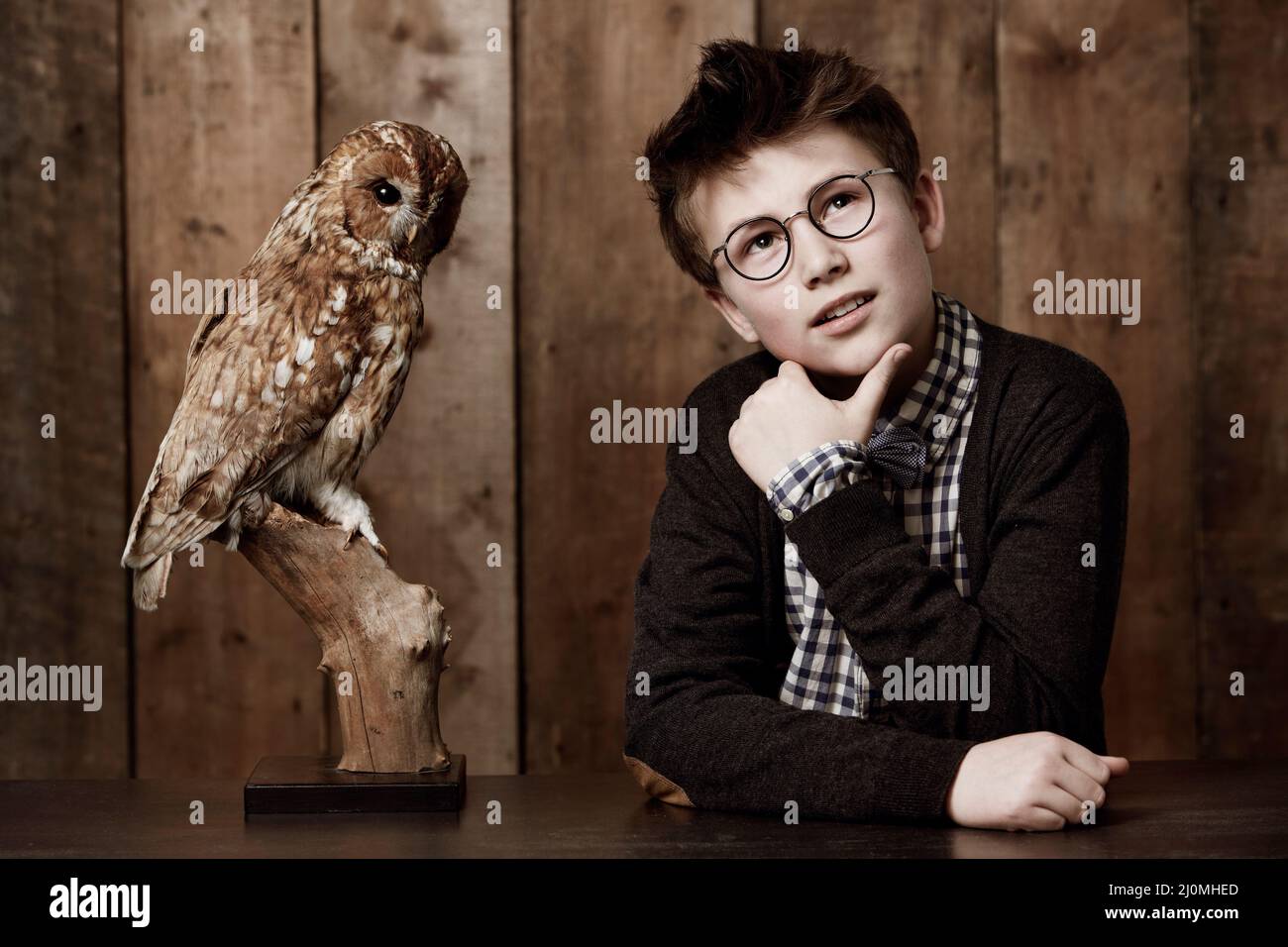 Thinking things over with wisedom. Young boy in retro clothing wearing spectacles with a thoughtful expression alongside an owl. Stock Photo