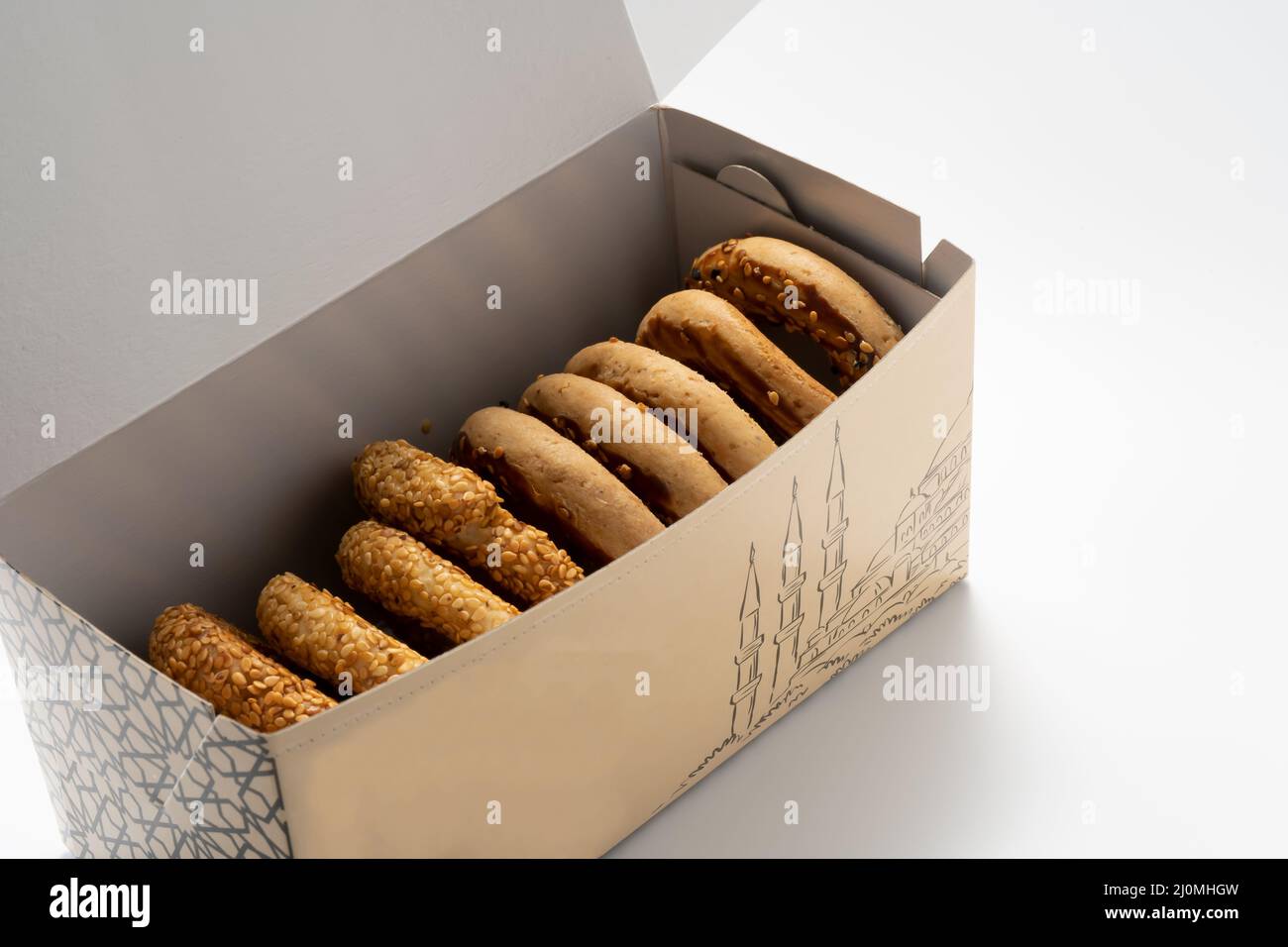 A box of Turkish Bagel Kandil Simidi Stock Photo