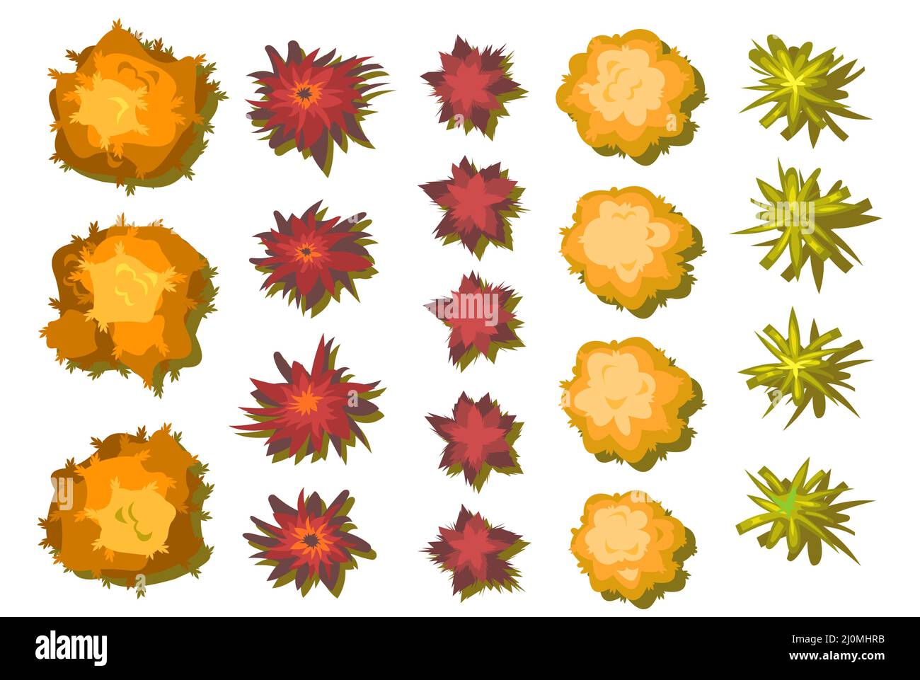 Set of autumn trees and beshes. For Landscape top view. Scene with yellow and orange plants from height. Above countryside. Isolated on white backgrou Stock Vector