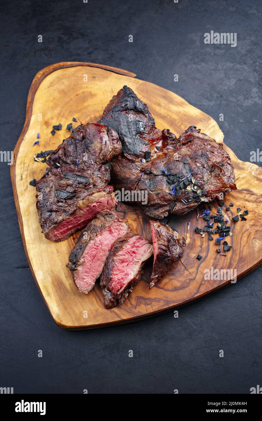 Traditional barbecue wagyu spider beef steak with black salt and spices ...