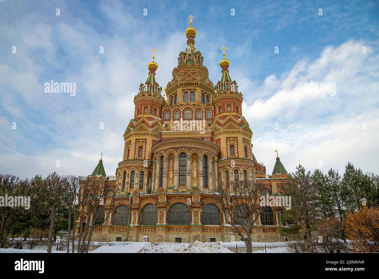 The ancient Cathedral of the Holy Apostles Peter and Paul, winter day. Peterhof, Russia Stock Photo