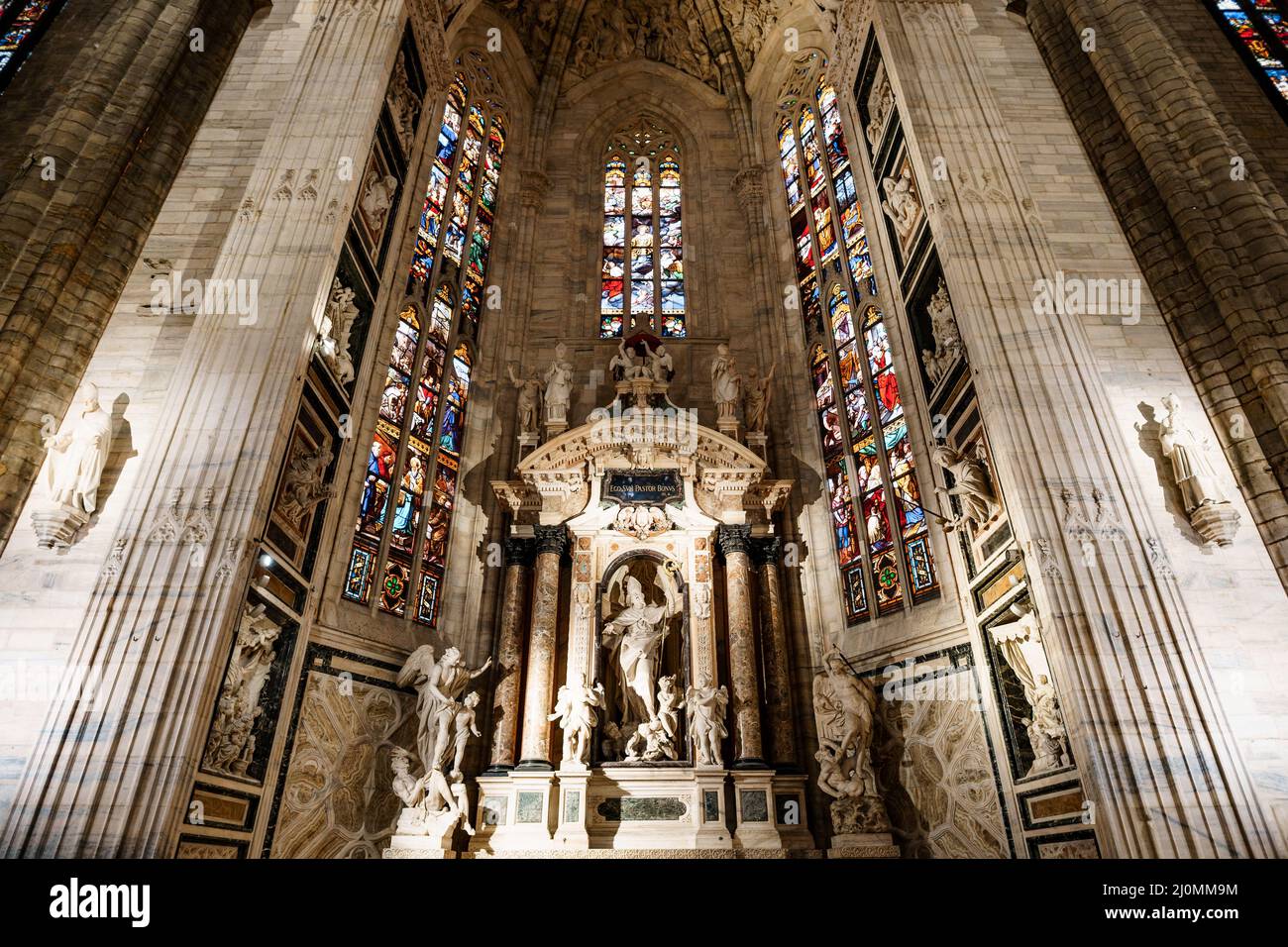 Stone altar of San Giovanni Bono Saint John the Good in the Duomo. Milan, Italy Stock Photo