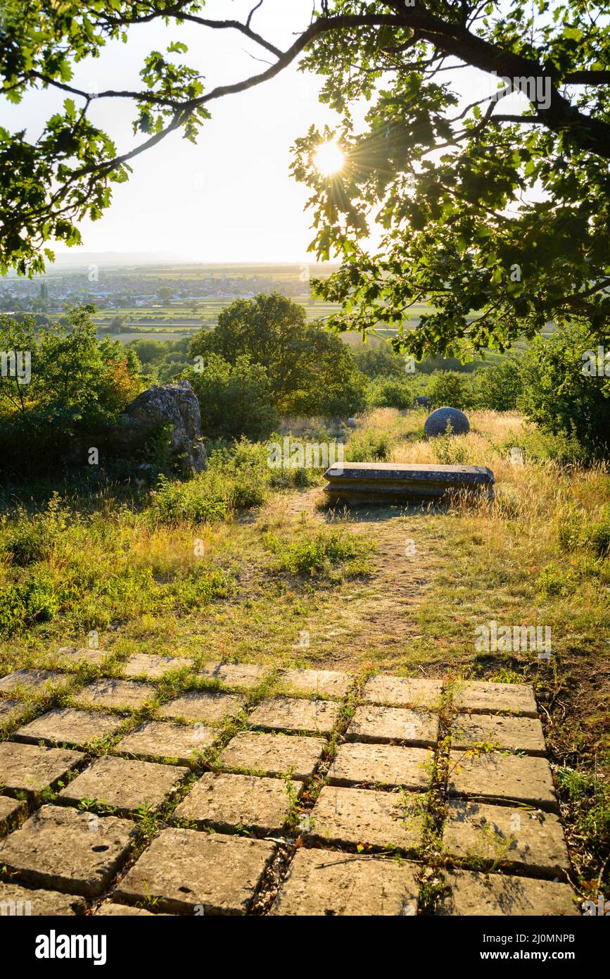 Sculpture park st. margarethen rocks with sunrays at sunset Stock Photo