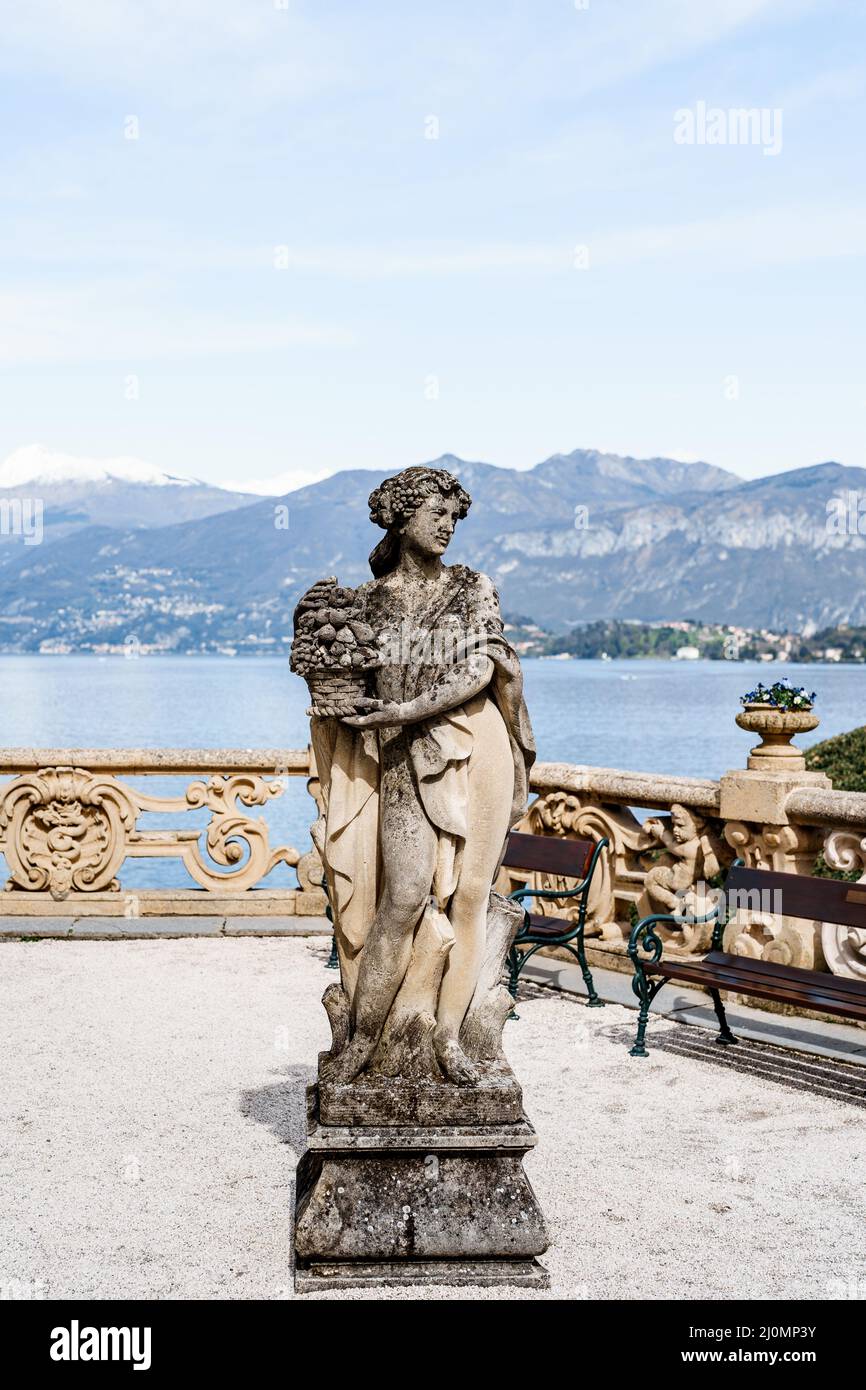 Sculpture on the balcony overlooking Lake Como. Villa Balbianello, Italy Stock Photo