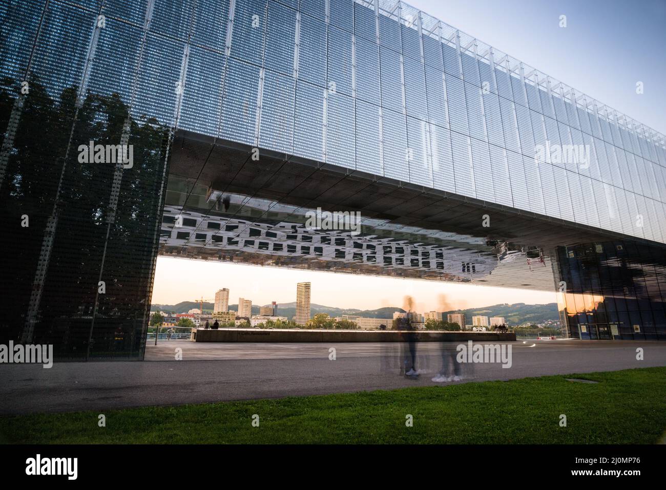 Linz Austria; Lentos Art Museum with Shore of Linz Urfahr on the Danube ...