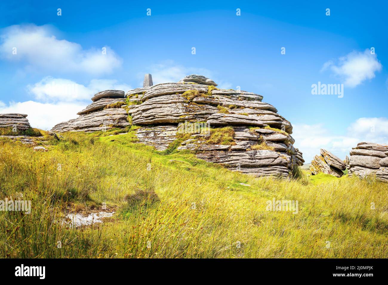 Bellever, United Kingdom - August 7, 2016: Panoramic view of Bellever Tor in Dartmoor national park in southwest England Stock Photo