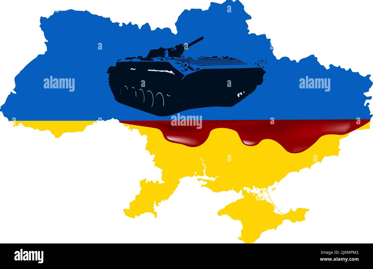 Map of Ukraine, drowning in blood. Russian invasion of Ukraine. Russian military machine. Stock Vector