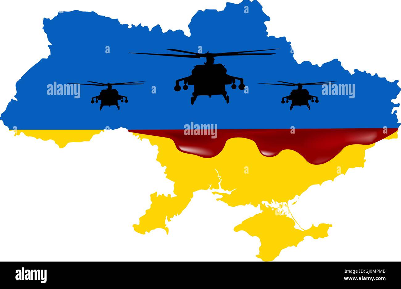Military helicopter against background of Ukrainian flag. Russia's invasion of Ukraine. Stock Vector