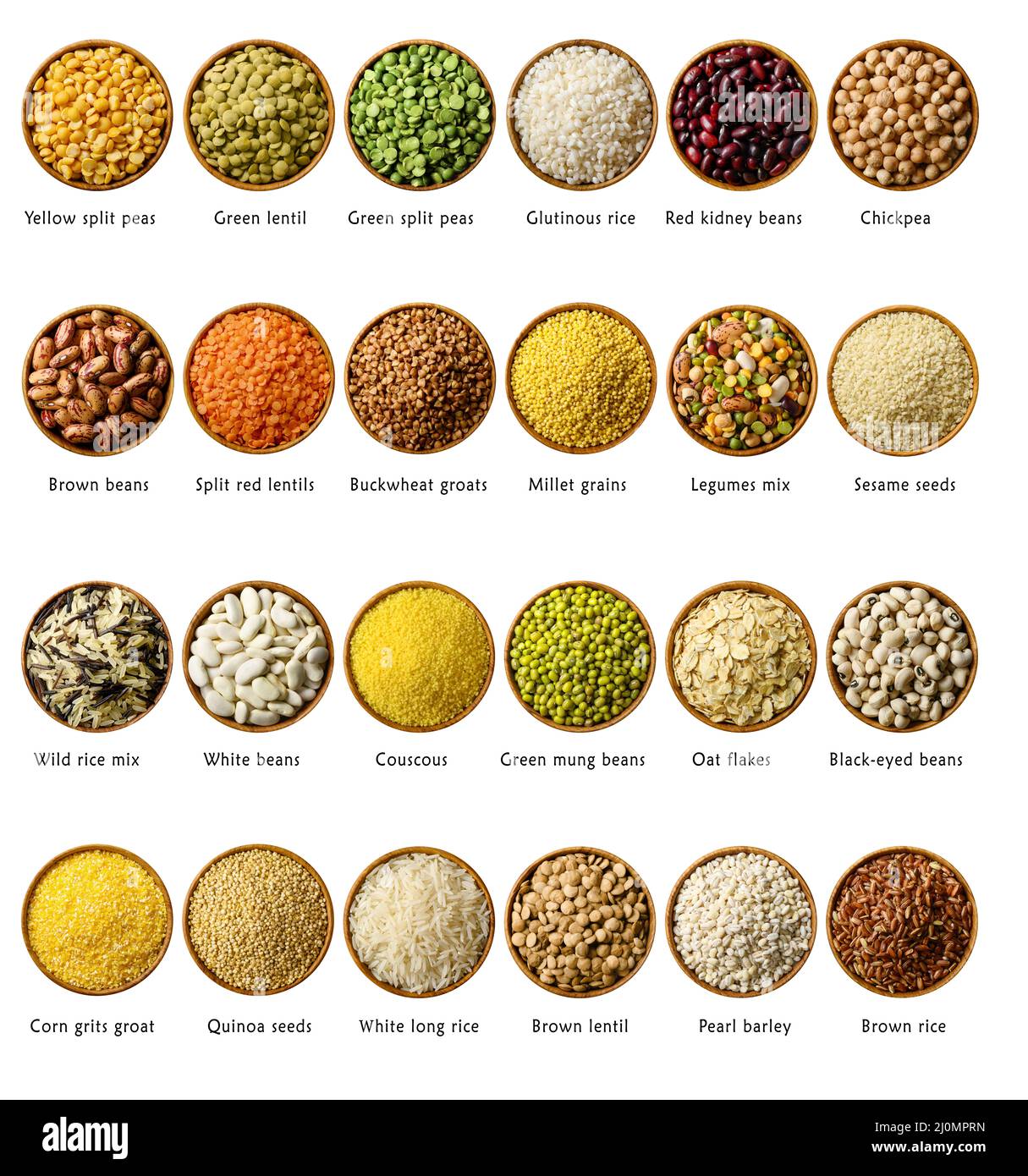 Big set of legumes and cereals in wooden bowls with names isolated on