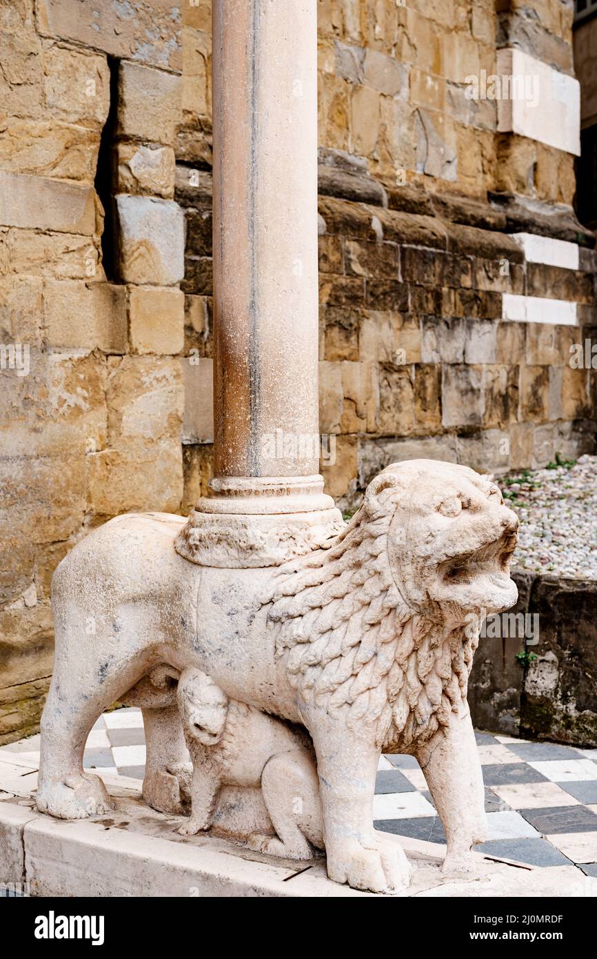South portal of the white lions of the Basilica of Santa Maria Maggiore. Bergamo, Italy Stock Photo