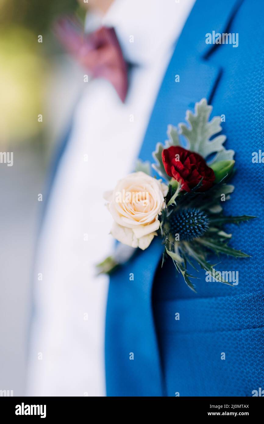 Groom in a blue suit with a burgundy bow tie and boutonniere. Close-up ...