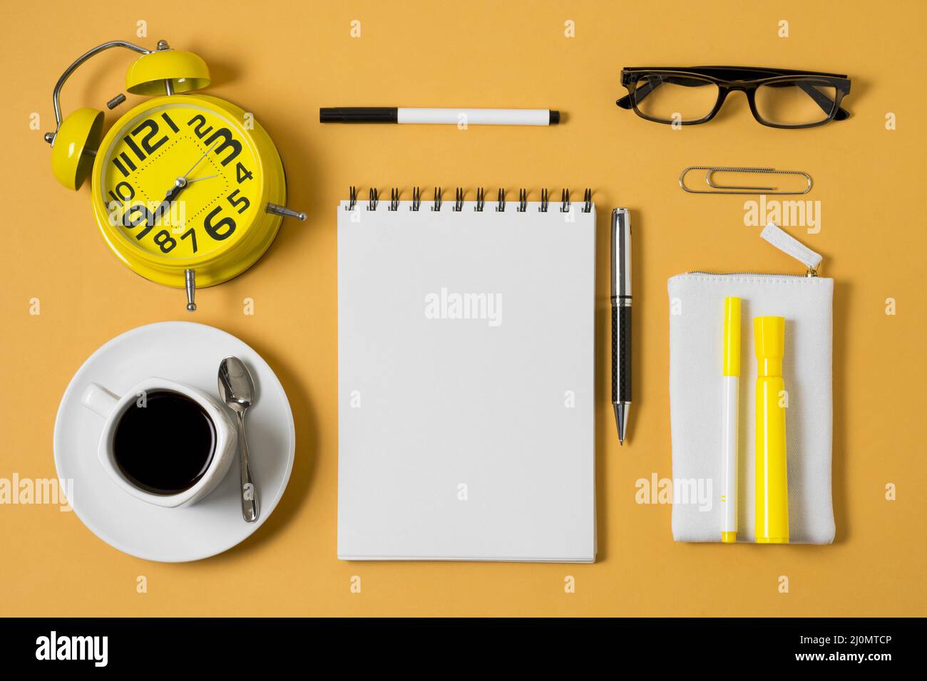 Flat lay notebook coffee cup Stock Photo