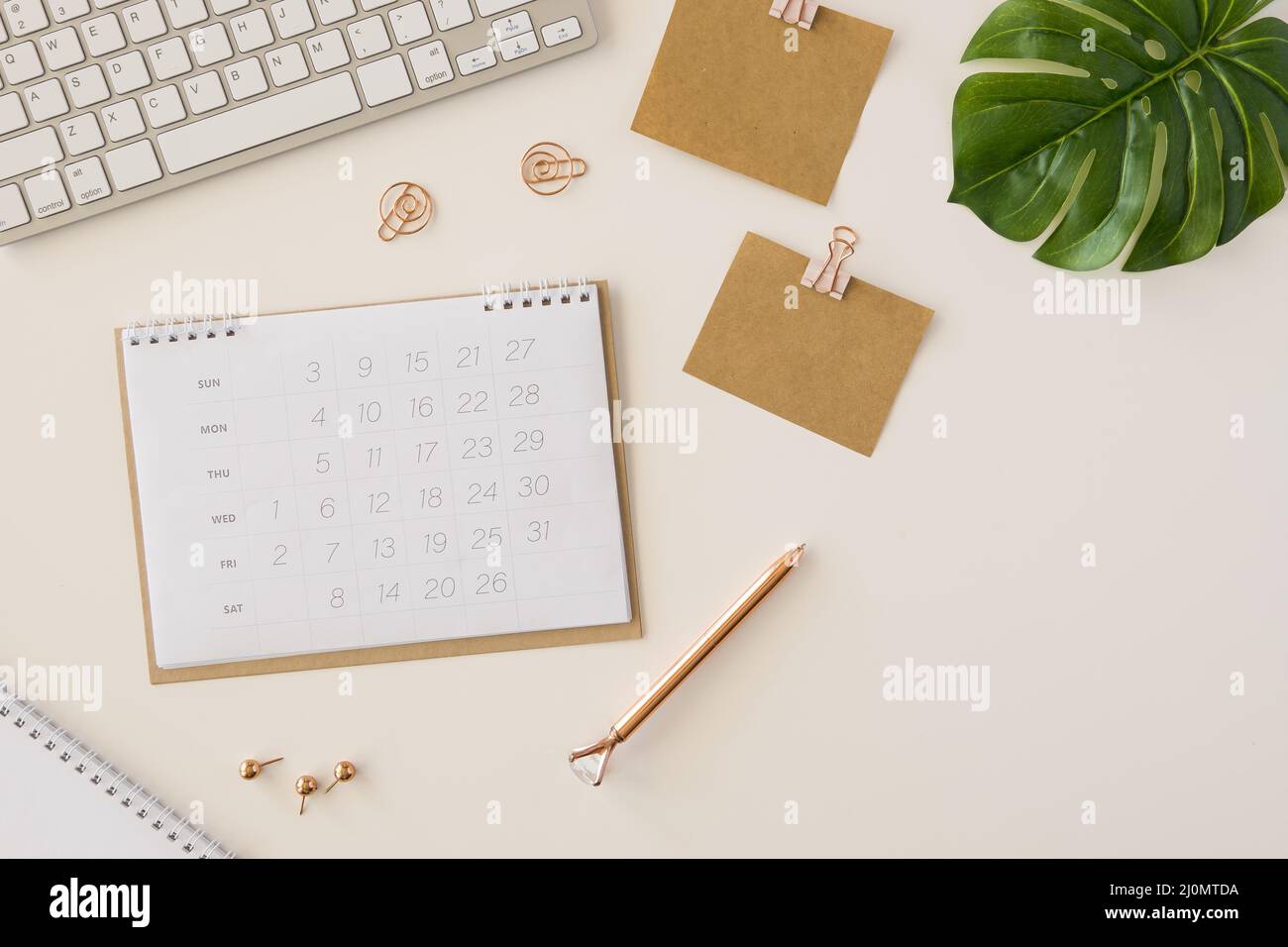 Flat lay desk calendar with monstera leaf Stock Photo - Alamy