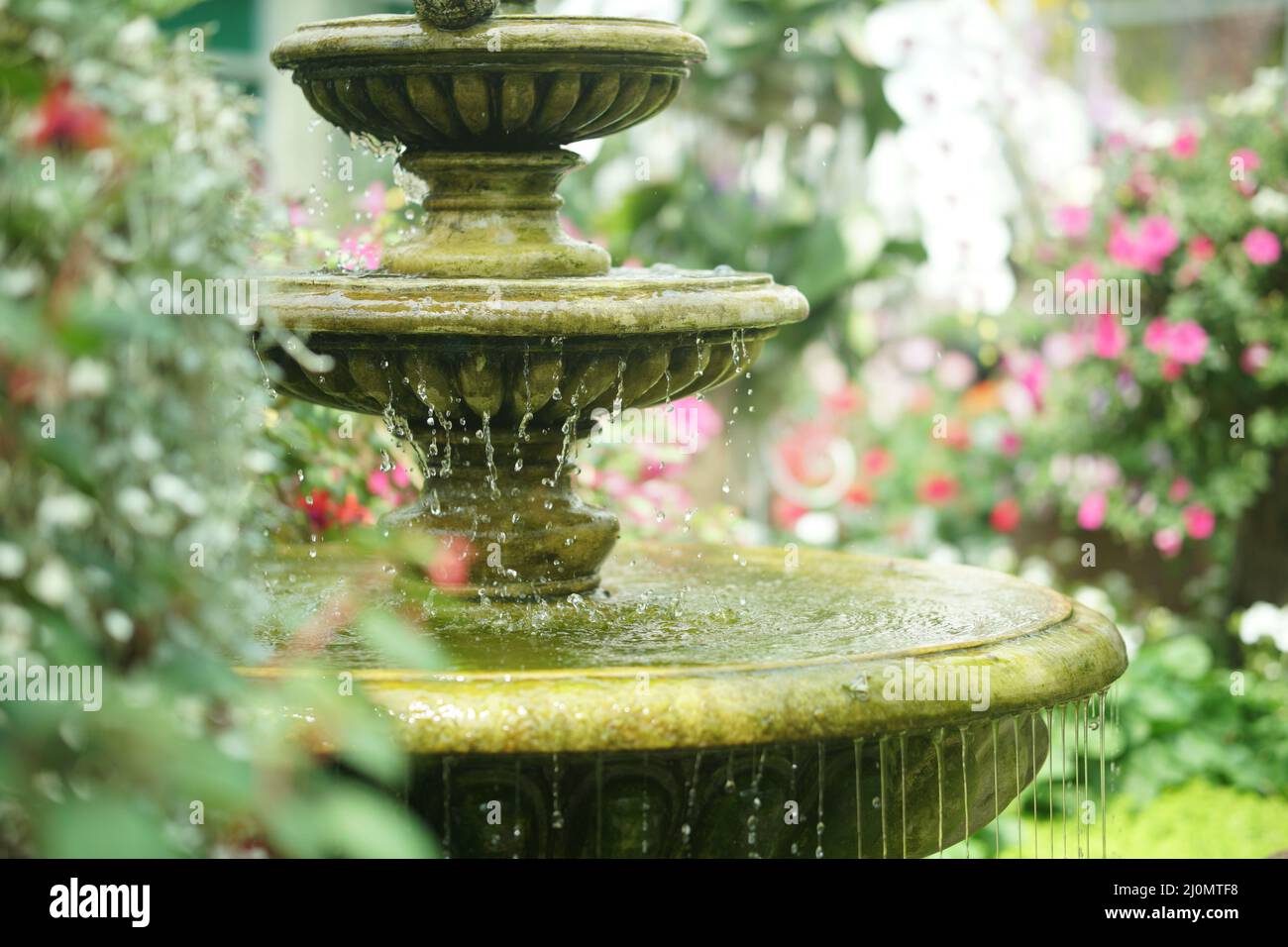 water flowing fountain decorating in flower garden Stock Photo