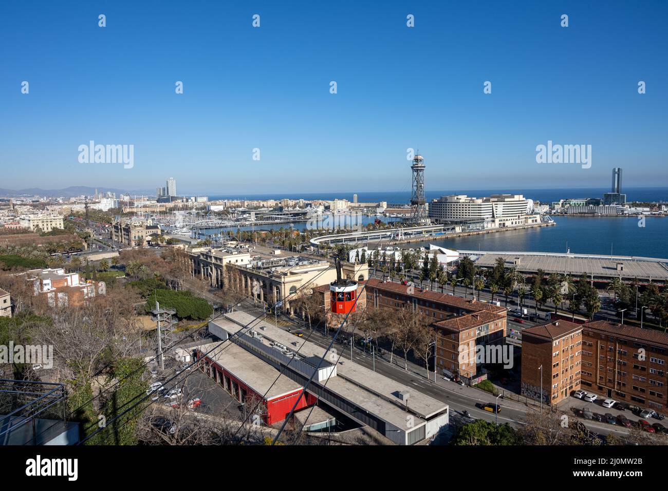 View of Barcelona with the cable car to Montjuic mountain Stock Photo ...