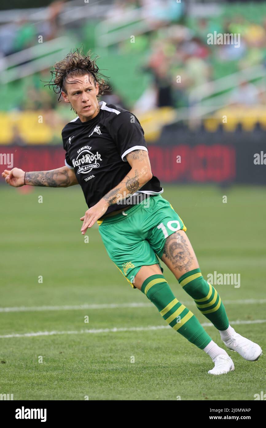 St. Petersburg, United States. 19th Mar, 2022. St. Petersburg, FL. USA; Tampa  Bay Rowdies forward Jake LaCava (19) shoots on goal during pregame warmups  prior to a USL soccer game against the