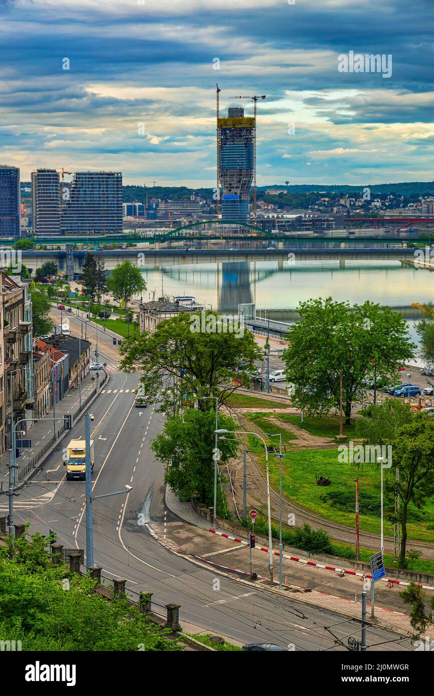 View of the road and danube river in Belgrade city center, Serbia Stock Photo