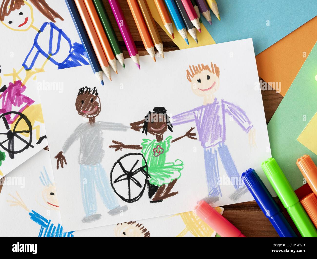 Drawing disabled child friends Stock Photo