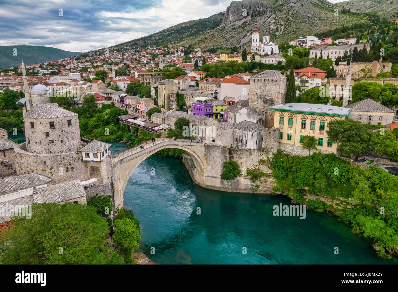 Aerial View Of The Old Bridge Of Mostar Famous Touristic Destination Aerial View Of The Old Bridge Of Mostar Famous Touristic Destination