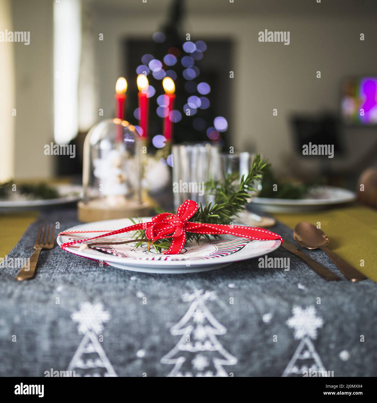 Decorated plate christmas tablecloth Stock Photo