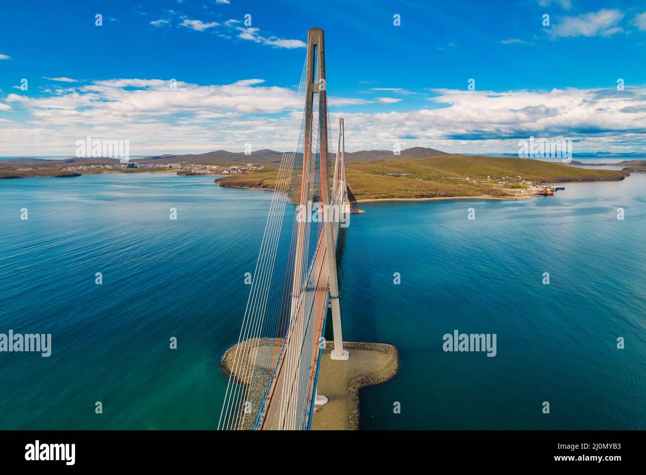 Aerial view of famous cable-stayed bridge to Russky island from Vladivostok city in Far East of Russia Stock Photo