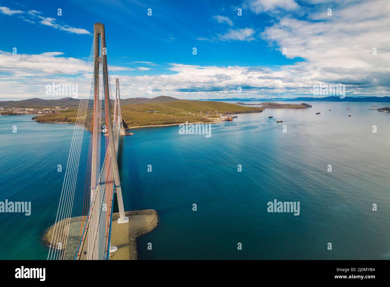 Aerial view of famous cable-stayed bridge to Russky island from Vladivostok city in Far East of Russia Stock Photo