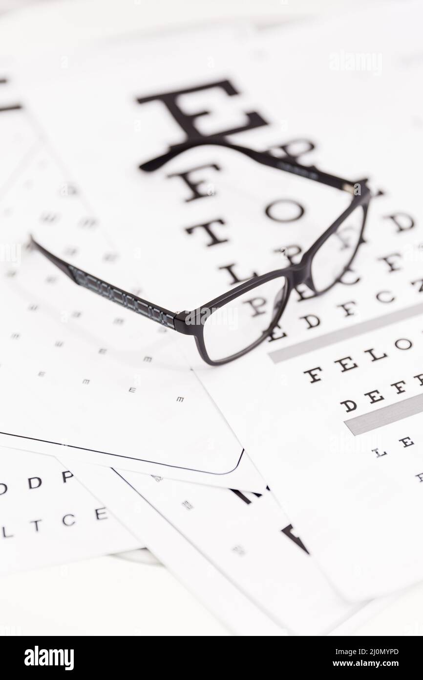 Close up corrective spectacle snellen chart Stock Photo