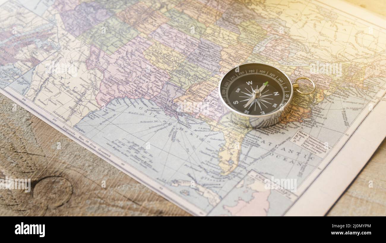 Close up compass north america map Stock Photo