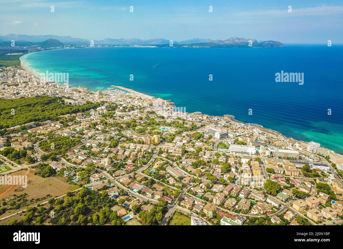 Cityscape and beach drone landscape panorama Can Picafort Mallorca Spain. Stock Photo