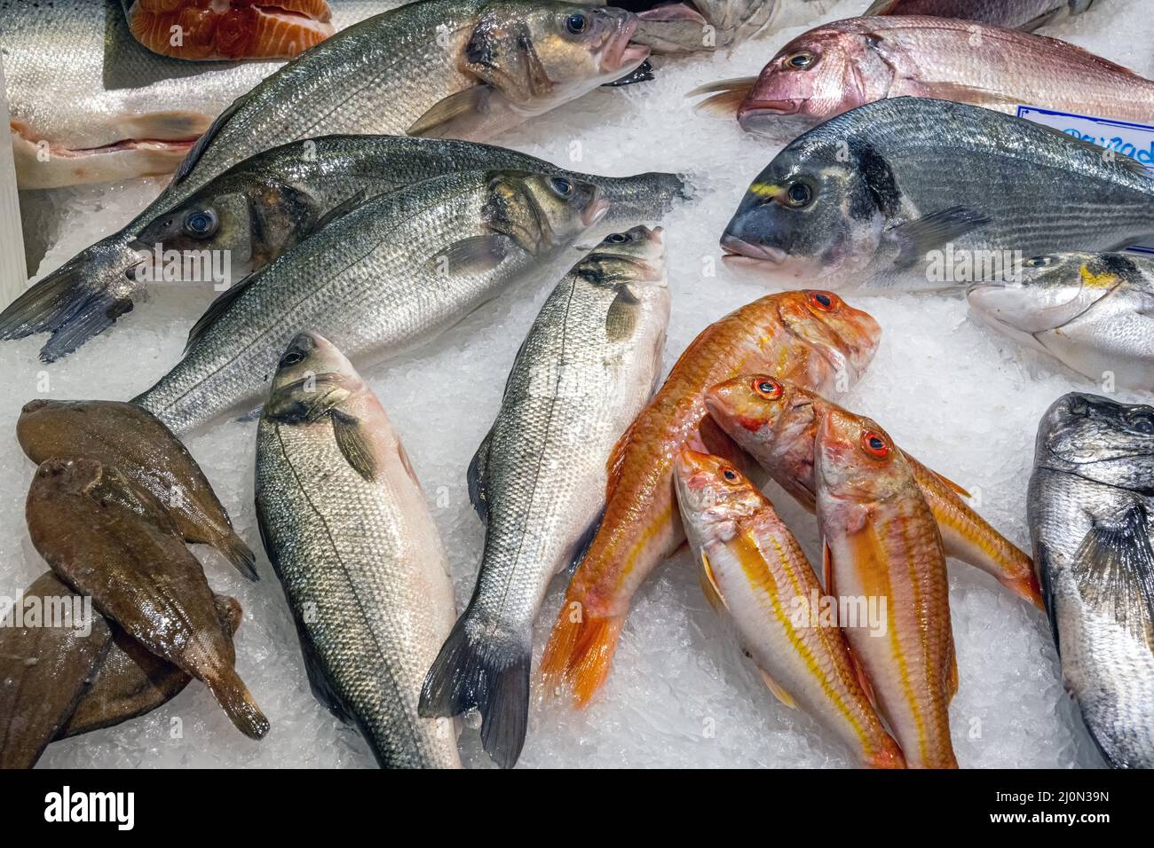 Different kinds of fresh fish at a market stall in Lisbon, Portugal