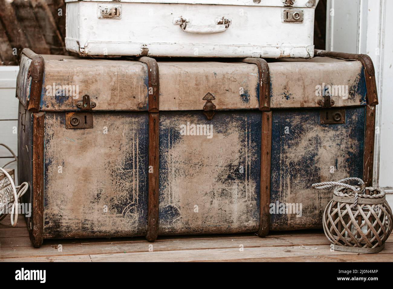 Pile of vintage shabby trunks Stock Photo