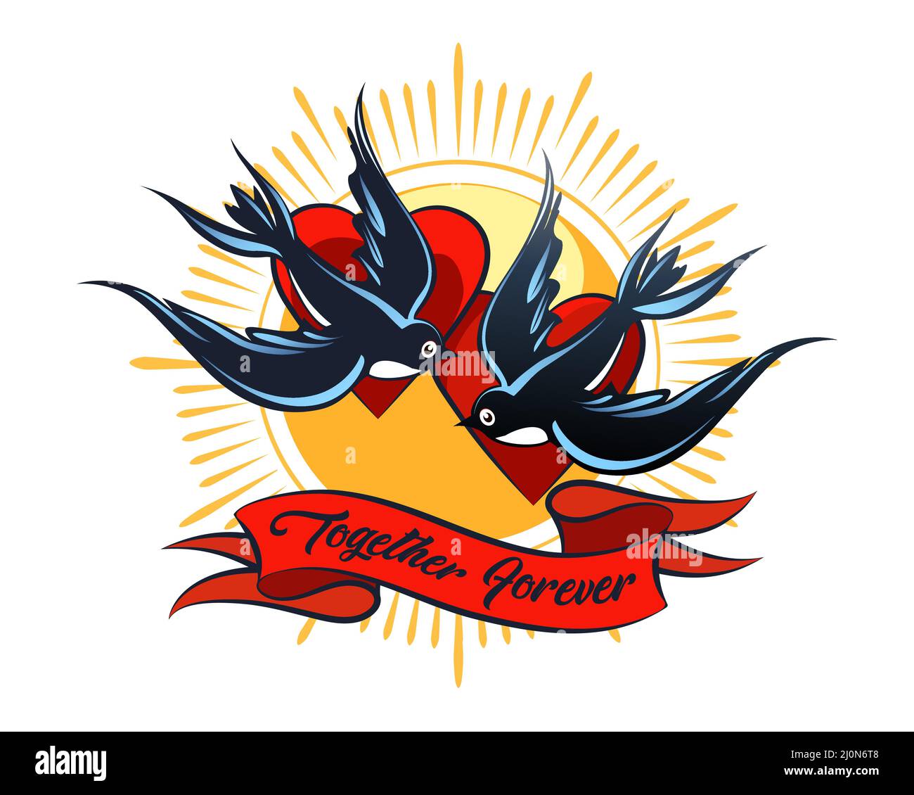 Tattoo of Swallows in the Sky and Banner with Wording Together Forever isolated on white. Vector illustration. Stock Vector