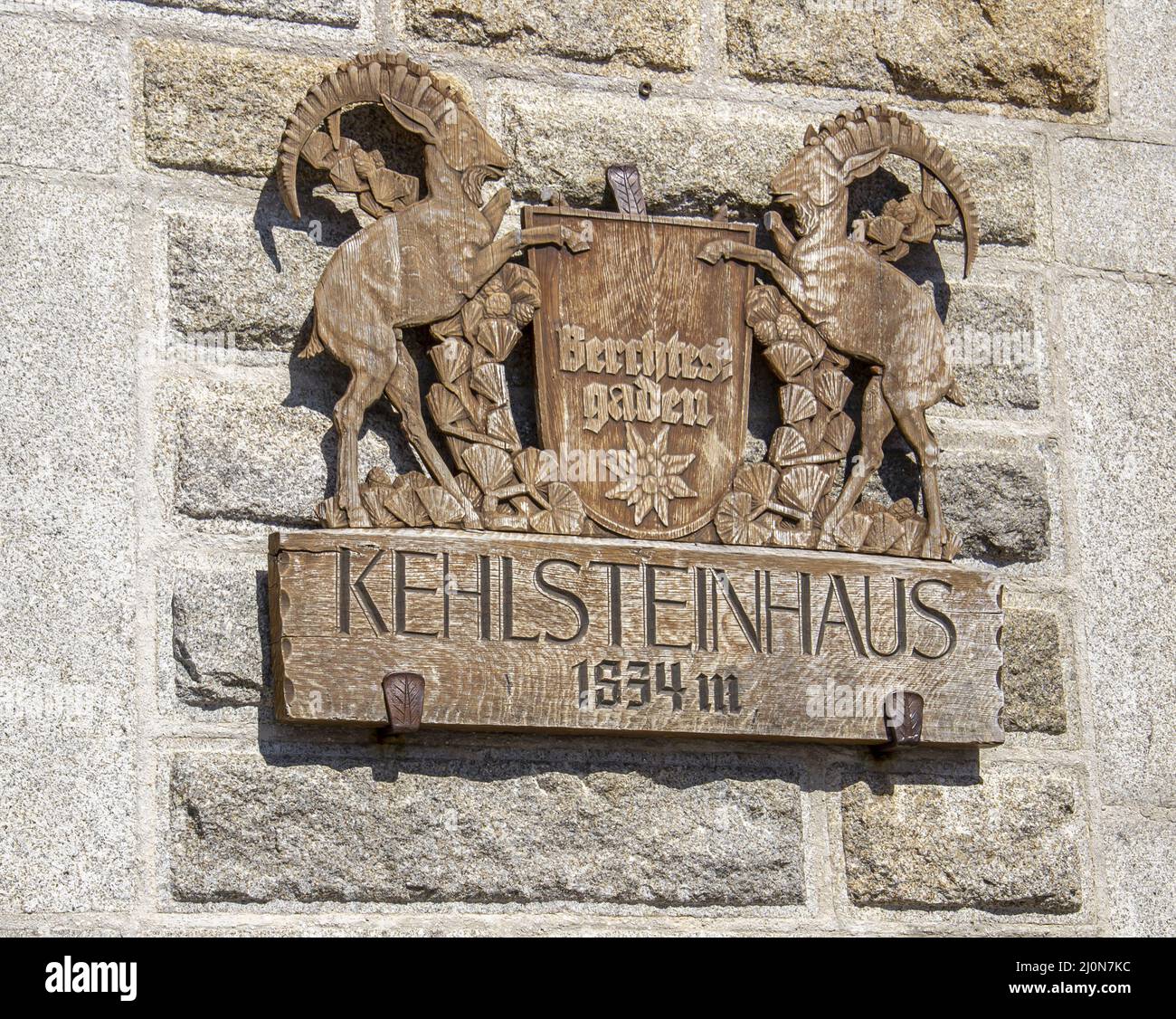 Wooden sign KEHLSTEINHAUS on the stone wall. Eagle's Nest, Kehlstein, Obersalzberg, Berchtesgaden, Germany. Stock Photo