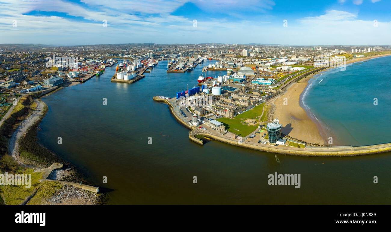 Aerial view from drone of Aberdeen harbour and port , Aberdeenshire, Scotland,  UK Stock Photo