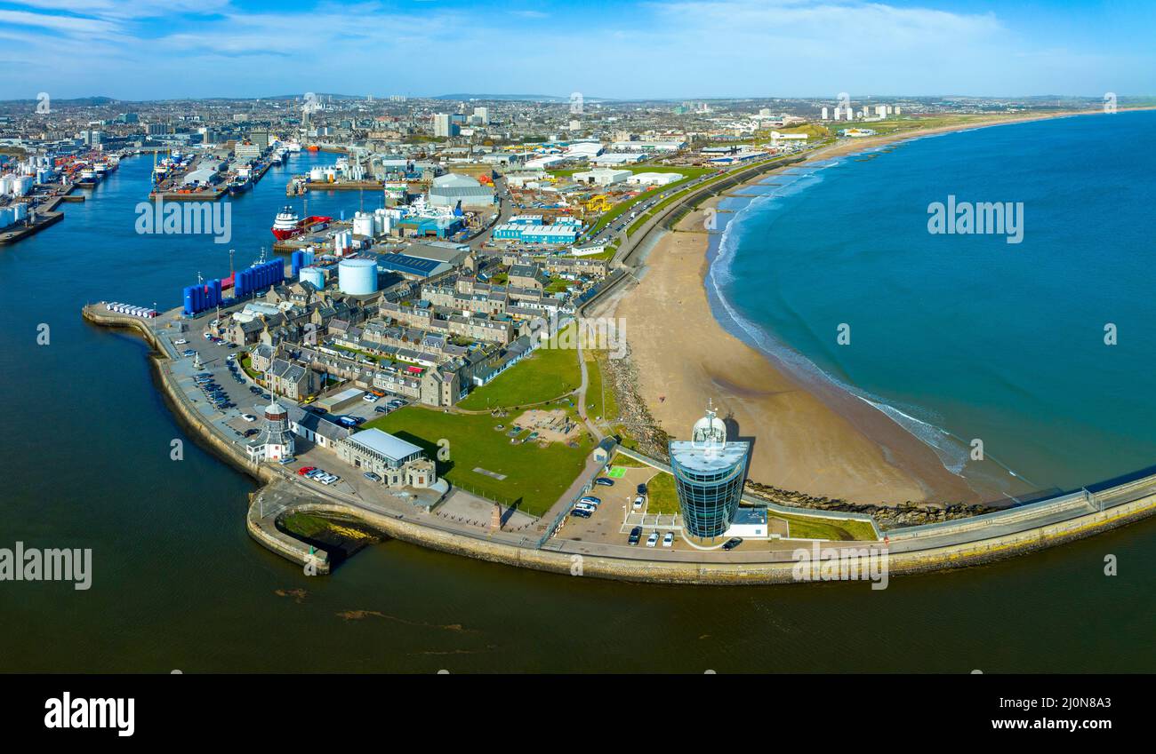 Aerial view from drone of Aberdeen harbour and port with Aberdeen beach , Aberdeenshire, Scotland,  UK Stock Photo
