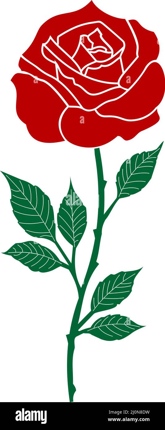 Rose vector with abstract branch and jagged leaves in red and dark ...