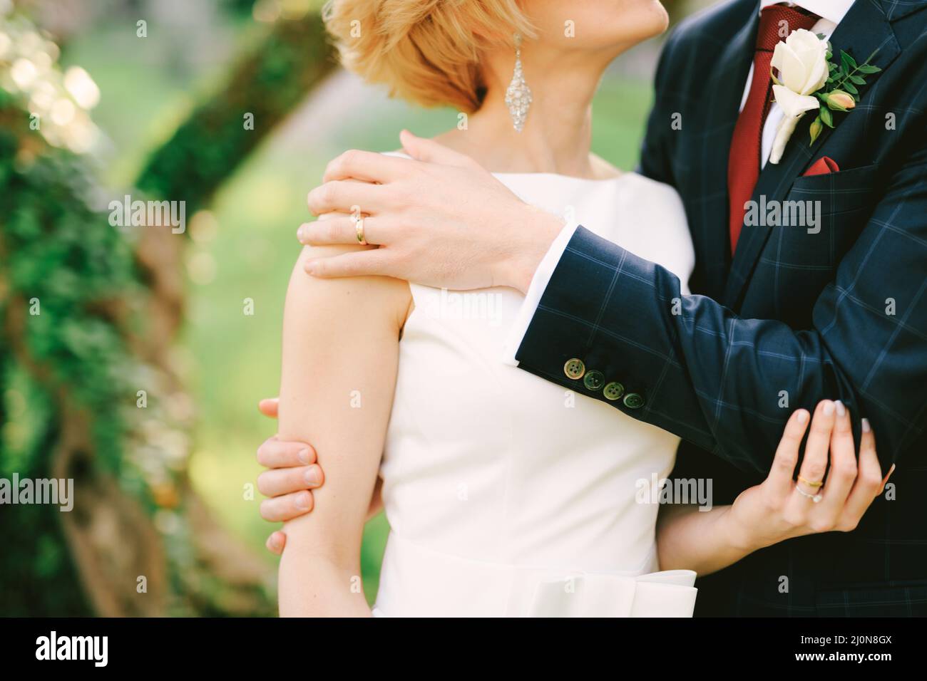 Groom in a blue checkered suit hugs bride in a white dress in the park against the background of a green tree entwined with ivy. Stock Photo