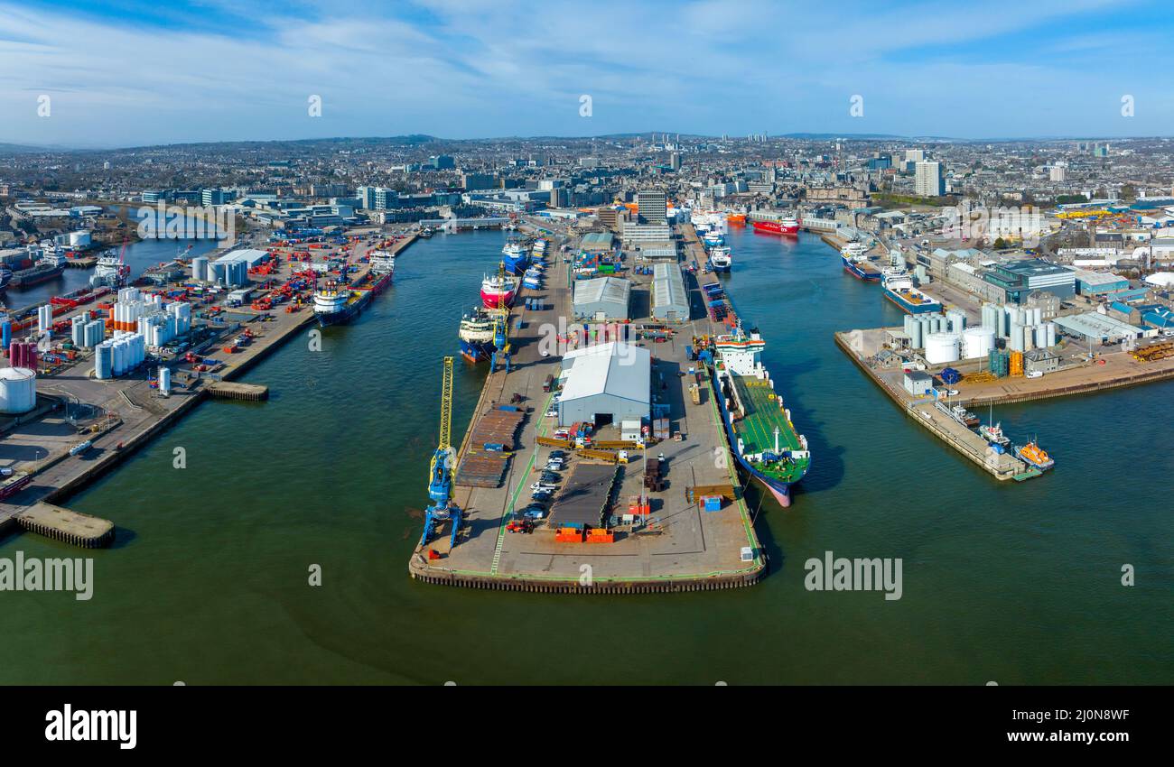 Aerial view from drone of Aberdeen harbour and port which is hub for North Sea oil and gas offshore servicing industry , Aberdeenshire, Scotland,  UK Stock Photo