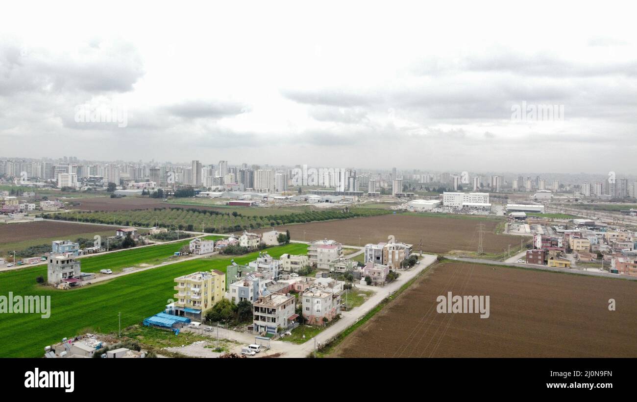 Aerial view of old city buildings during a cloudy day Stock Photo - Alamy