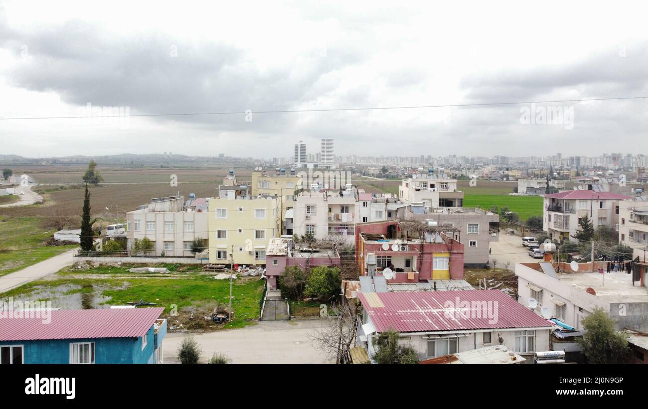 Aerial view of old city buildings during a cloudy day Stock Photo - Alamy