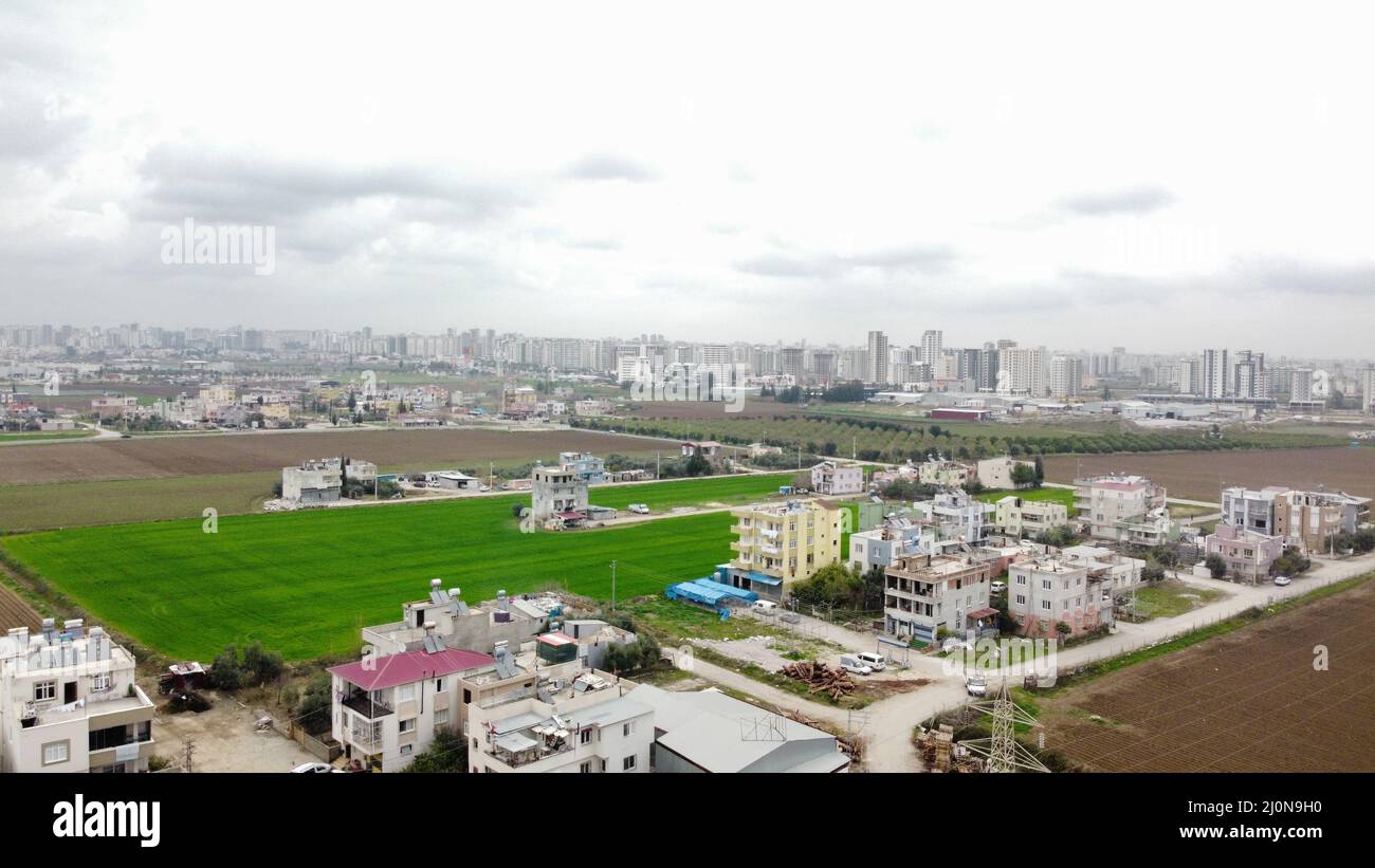 Aerial view of old city buildings during a cloudy day Stock Photo - Alamy