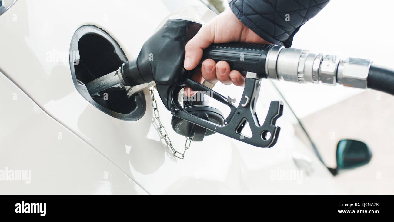 Close up of hand puts fuel pump into car Stock Photo Alamy
