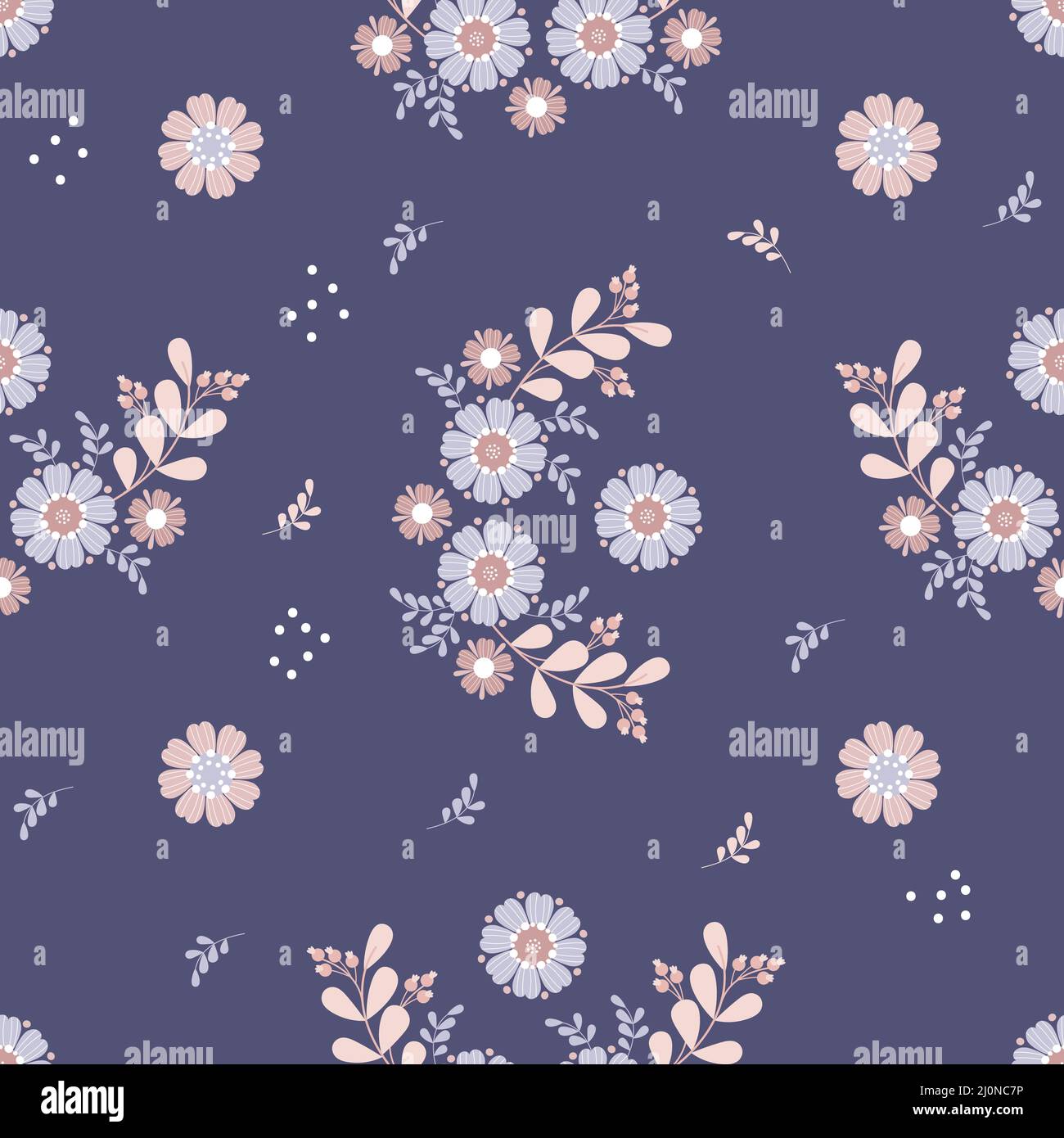 Floral seamless pattern. Delicate pastel beautiful flowers on dark blue