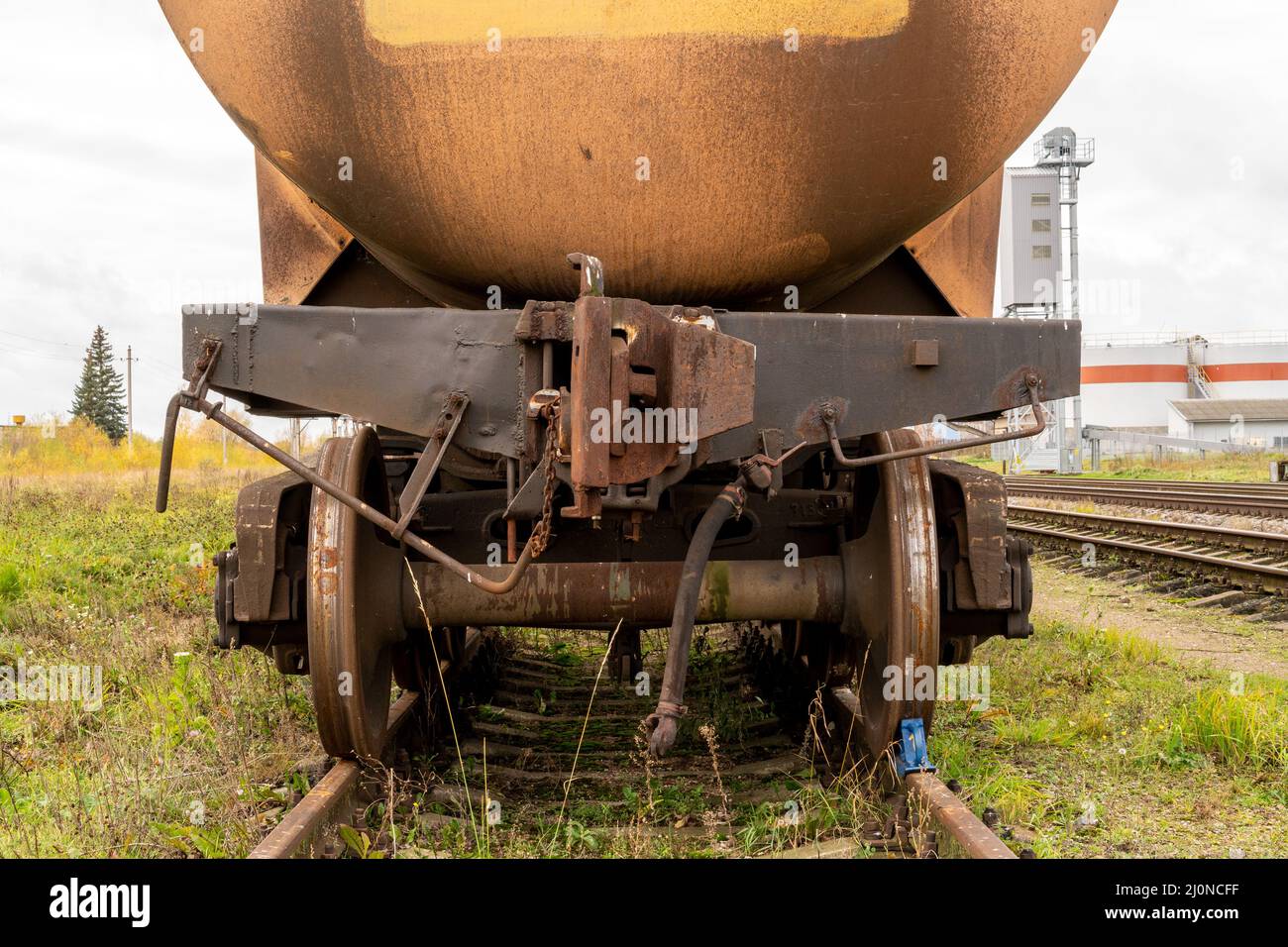 Last wagon cistern of freight train Stock Photo