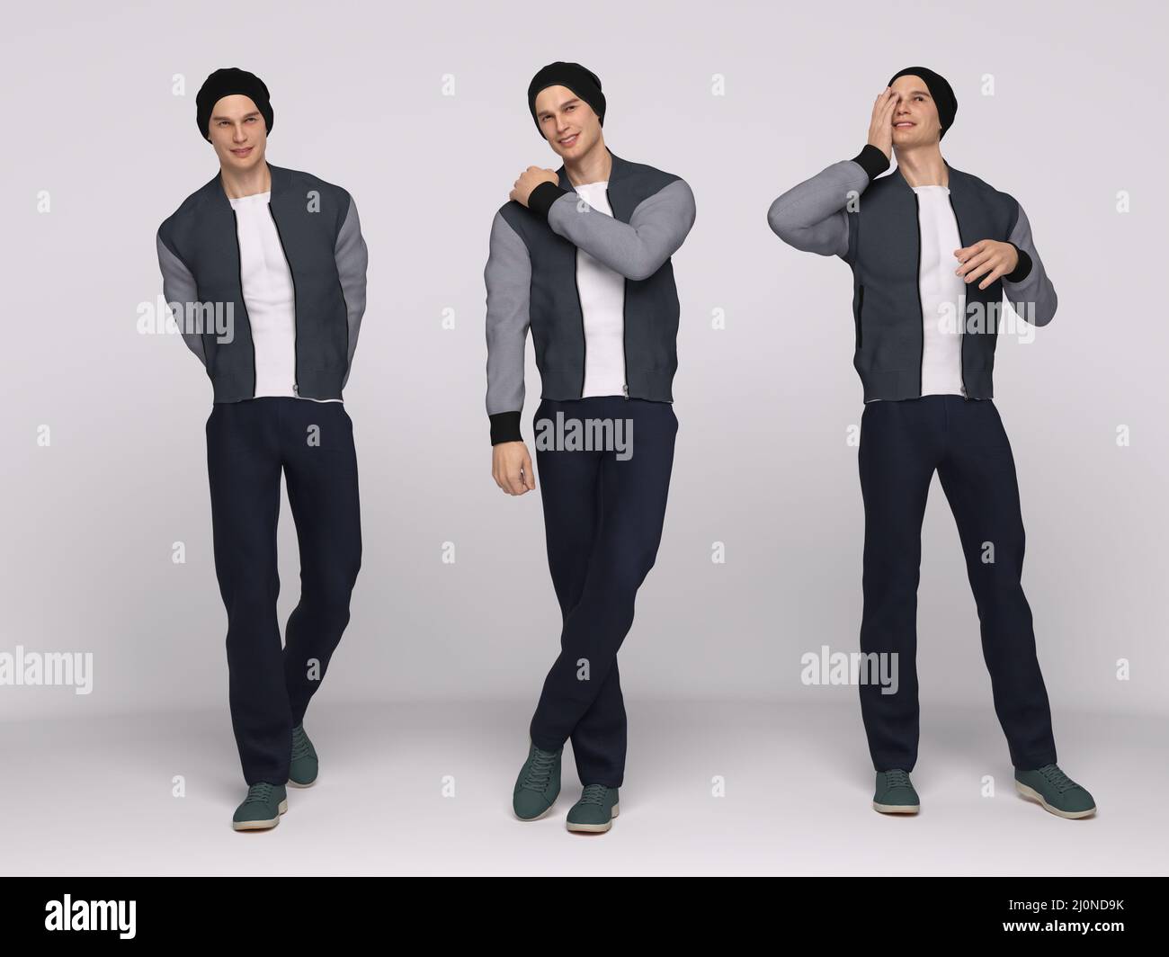 3D Rendering : A male model is standing and wearing the modern style outfit, jacket, t-shirt, jeans and beanie with 3 different body action Stock Photo