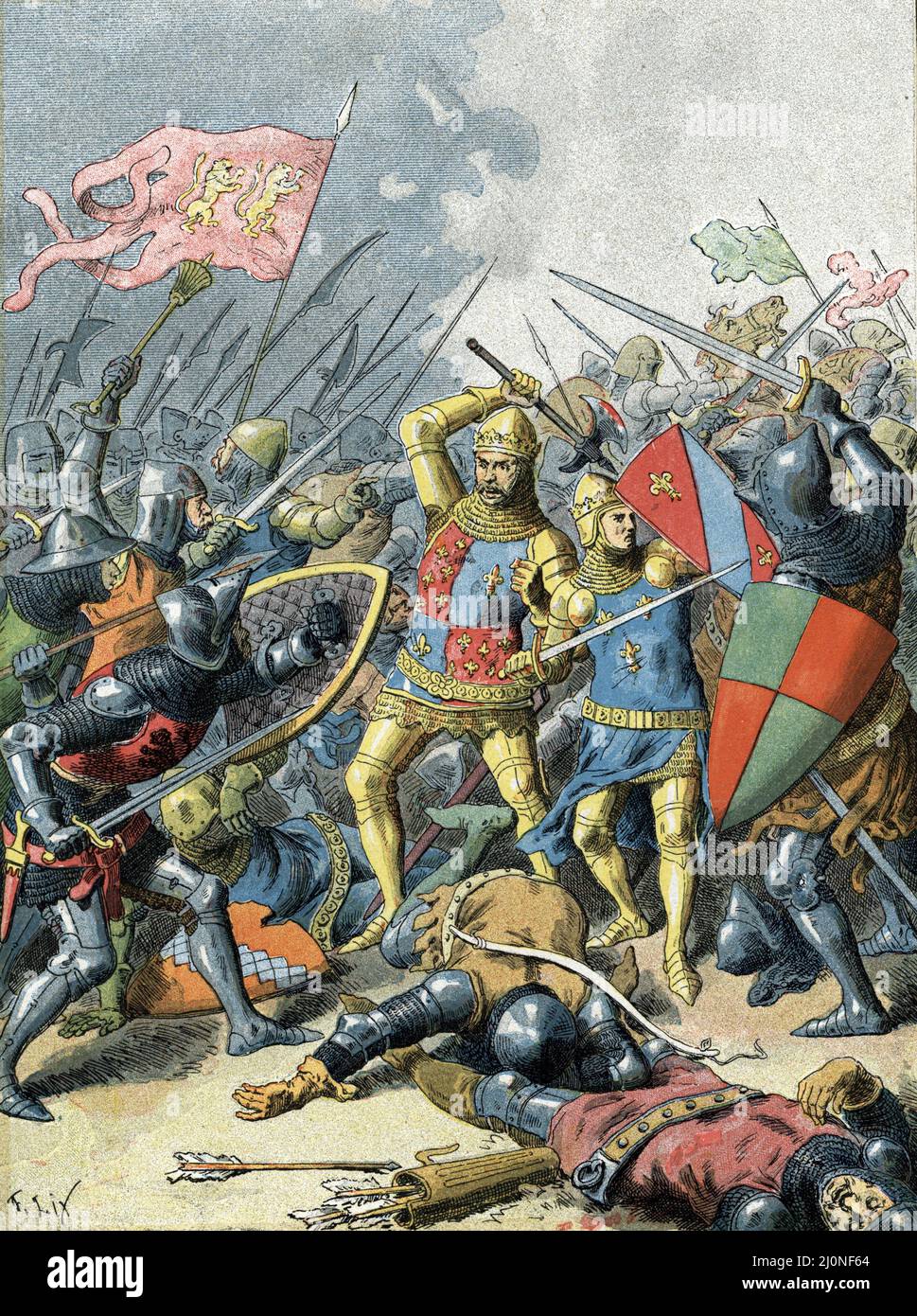 Guerre de cent ans : 'Le roi Jean II le Bon (1319-1364) a la bataille de Poitiers le 19 septembre 1356' ( Battle of Poitiers was fought between a French army commanded by King John II and an Anglo-Gascon force under Edward, the Black Prince, on 19 September 1356 during the Hundred Years' War) Gravure tiree de 'La France a travers les siecles' de Witt 1897 Collection privee Stock Photo