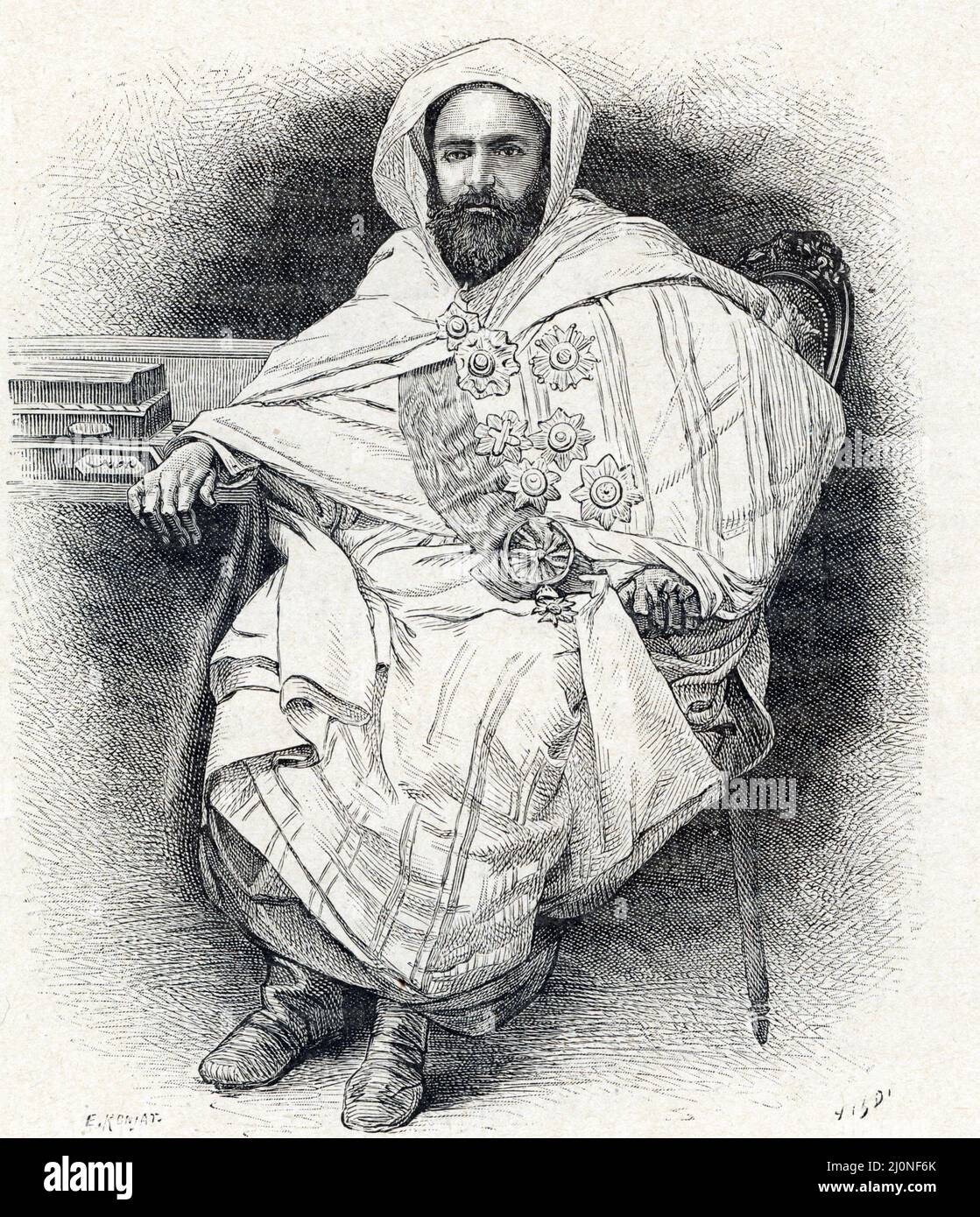 Portrait d'Abdelkader ibn Muhieddine ou emir Abdelkader (abd-el-kader ou abd el kader), ou Abdelkader El Djezairi (1808-1883) (Emir Abdelkader an Algerian religious and military leader who led a struggle against the French colonial invasion of Algiers in the early 19th century) Gravure tiree de 'La France a travers les siecles' de Witt 1897 Collection privee Stock Photo